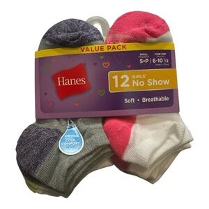Hanes Girls’ No Show Socks – 12 Pairs, Size 6-10.5 (S), Multi-Color, NWT